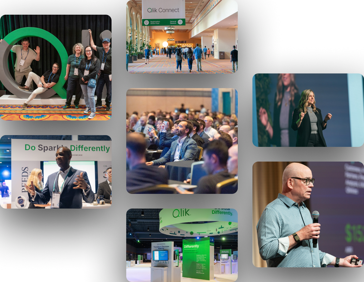A collage of seven photos from a Qlik Connect conference, featuring speakers on stage, engaged audience members, and attendees interacting with branded exhibit booths.