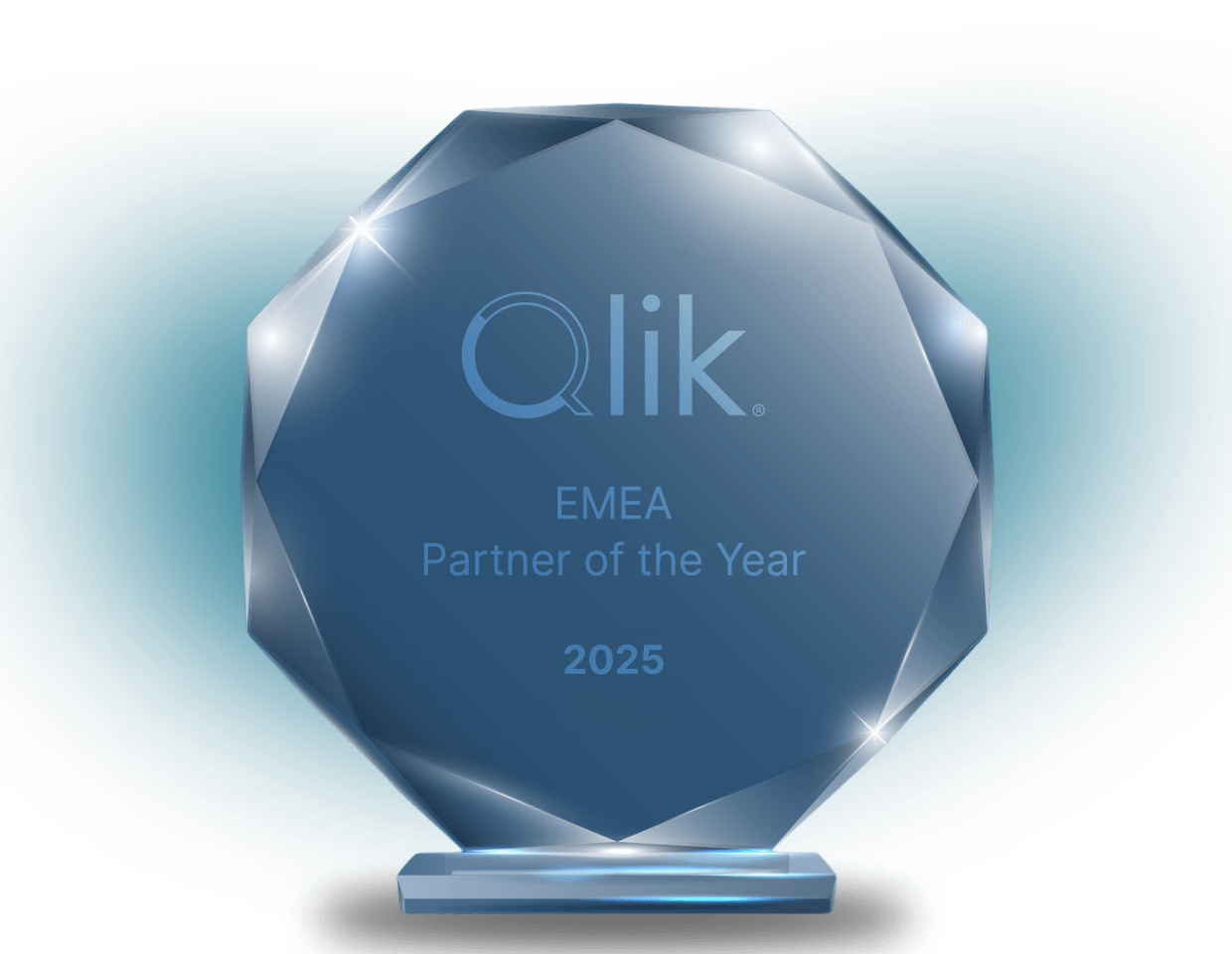 A blue, faceted crystal award with a base, engraved with the Qlik logo and the text "EMEA Partner of the Year 2025".
