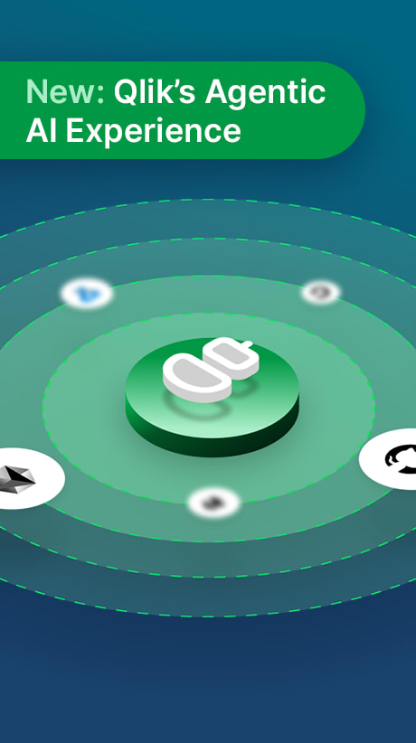 Visual of Qlik Agentic AI Experience featuring a central AI symbol and surrounding integration icons.
