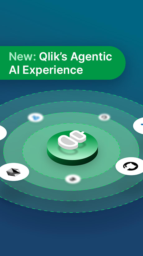 Visual of Qlik Agentic AI Experience featuring a central AI symbol and surrounding integration icons.