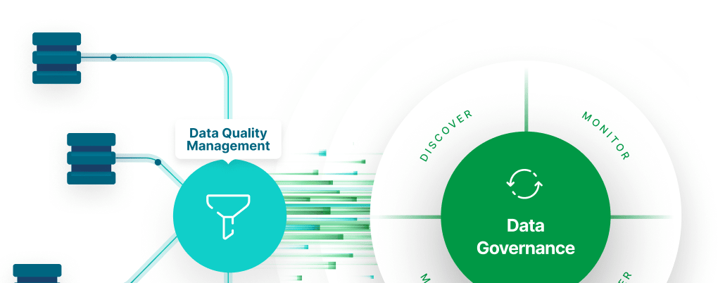 Diagram showing "Data Quality Management" funneling into a cyclical "Data Governance" process that includes Discover, Monitor, and Govern phases.