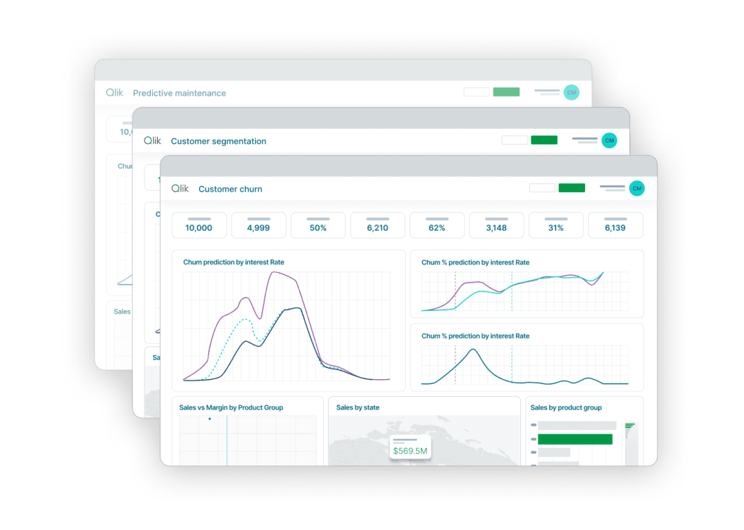 Stacked analytics dashboards displaying customer churn and segmentation predictions.