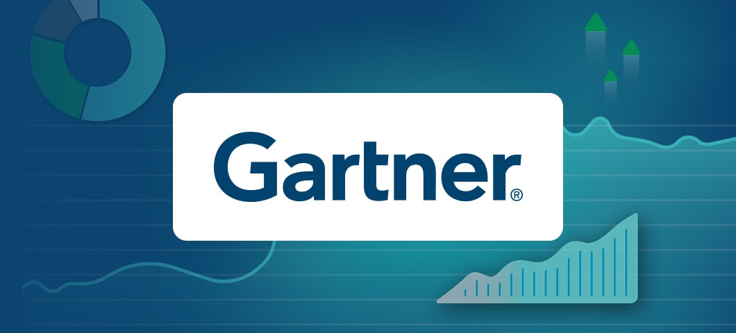 Gartner logo on a white rectangle with a teal background and green wave-like patterns.