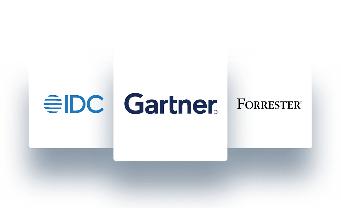 Logos of IDC, Gartner, and Forrester displayed side by side.