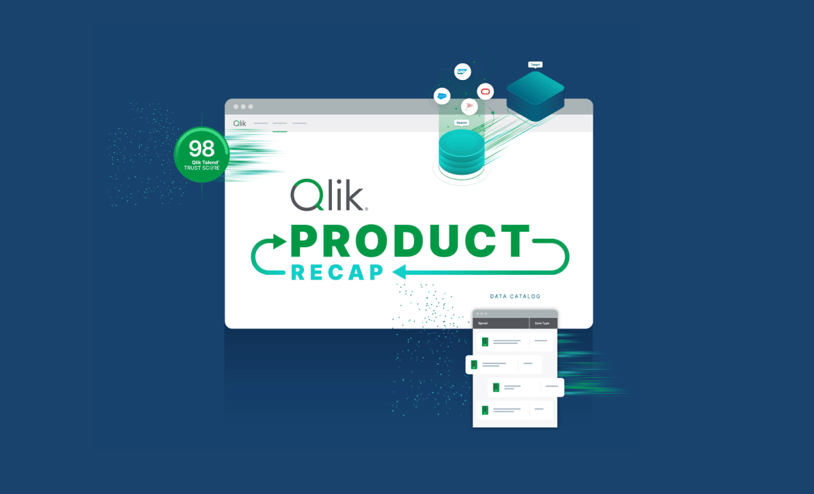 Promotional graphic for a Qlik Product Recap video shown on a laptop screen, illustrating data flow from sources.