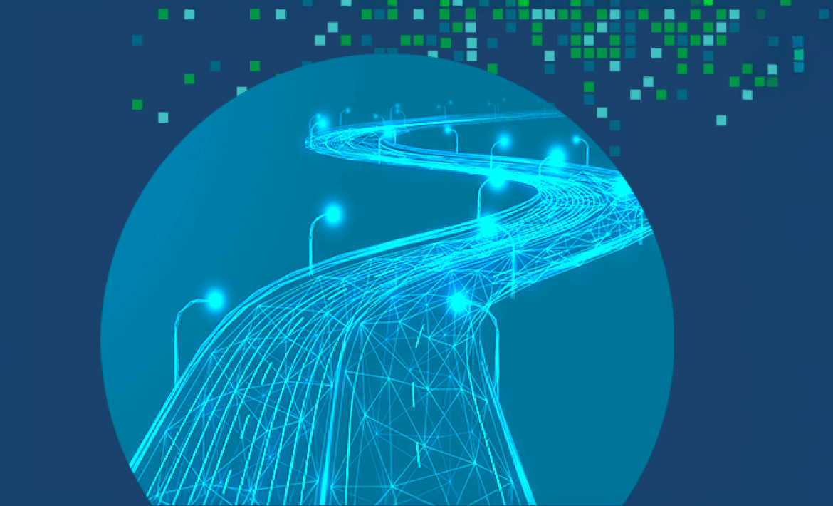 Promotional graphic for a Qlik Product Roadmap video shown on a laptop screen, illustrating data flow from sources.