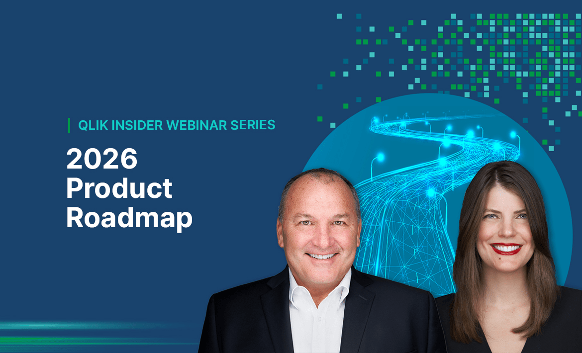 Promotional graphic for a Qlik Product Recap video shown on a laptop screen, illustrating data flow from sources.