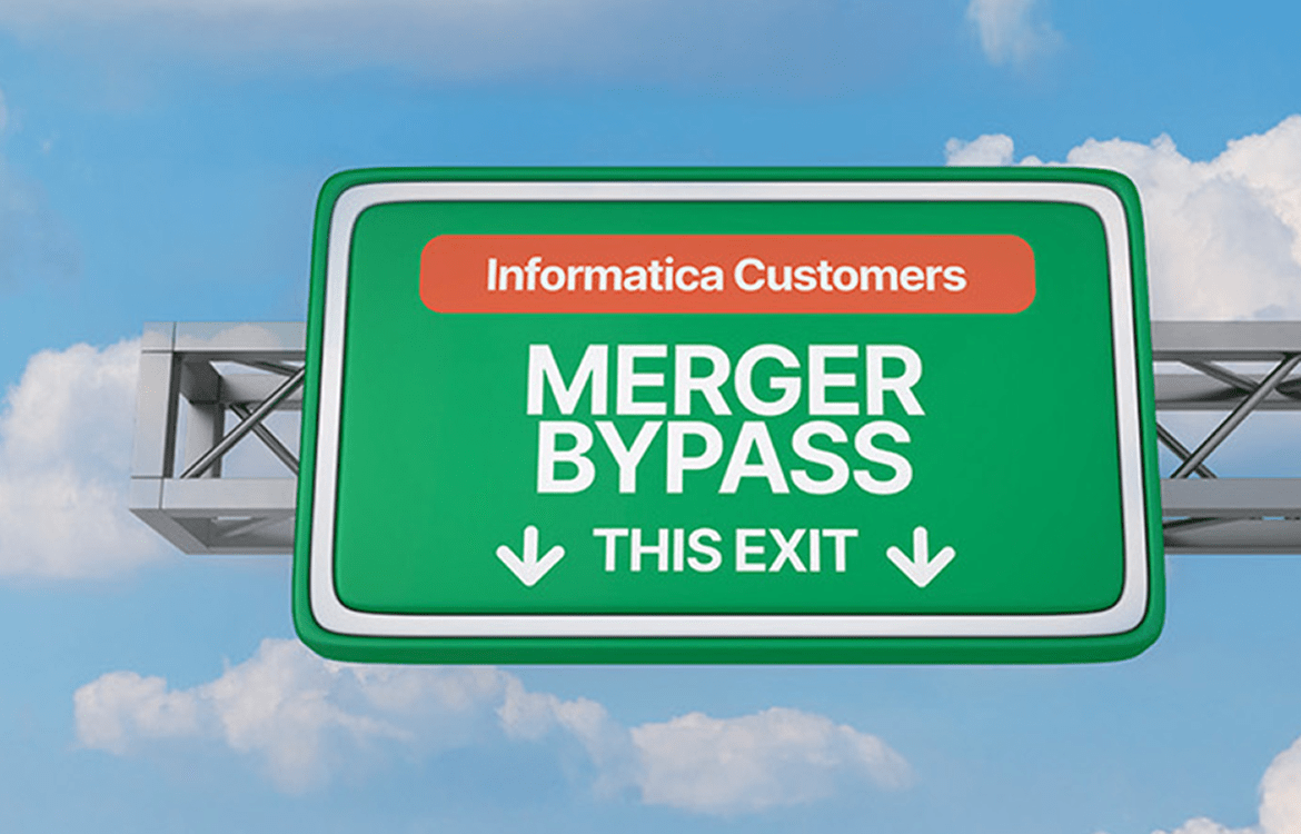 Green freeway sign reading "Informatica Customers: Merger Bypass" with downward arrows indicating the exit.