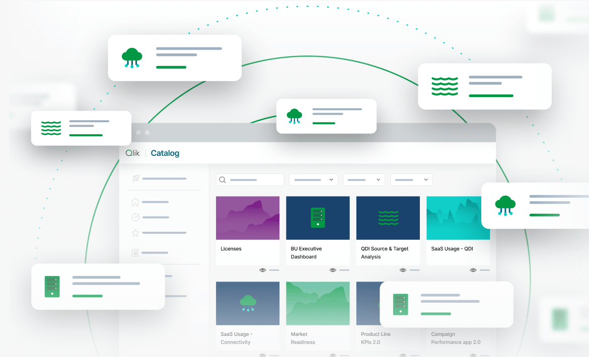 Catalog interface displaying data assets and dashboards, with floating metadata cards showing dataset details.