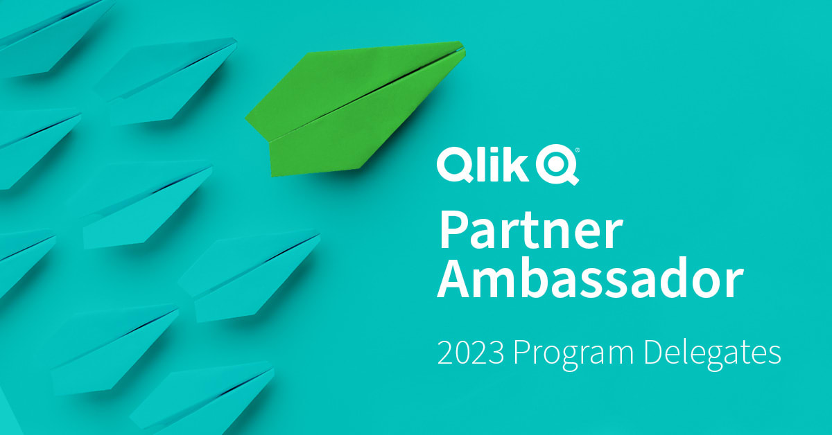 Green paper plane leading blue paper planes, with text: "Qlik Partner Ambassador 2023 Program Delegates.