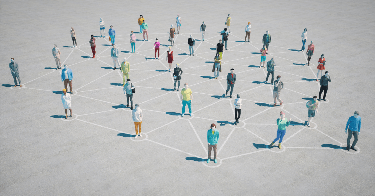 A group of people standing in a grid pattern outdoors, each person standing in a white circle connected by lines, illustrating a network concept.