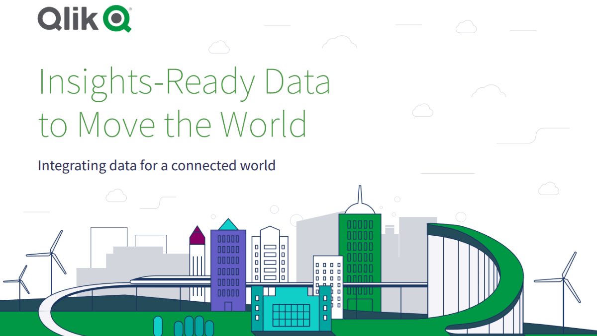 An illustration of a cityscape with the text "Insights-Ready Data to Move the World" and "Integrating data for a connected world," featuring the Qlik logo.