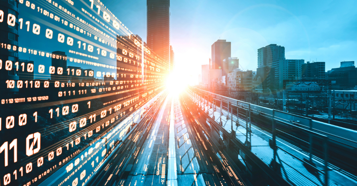 Cityscape with a bright sun setting behind skyscrapers, digital binary code streams overlaying the image, creating a sense of technology and speed.