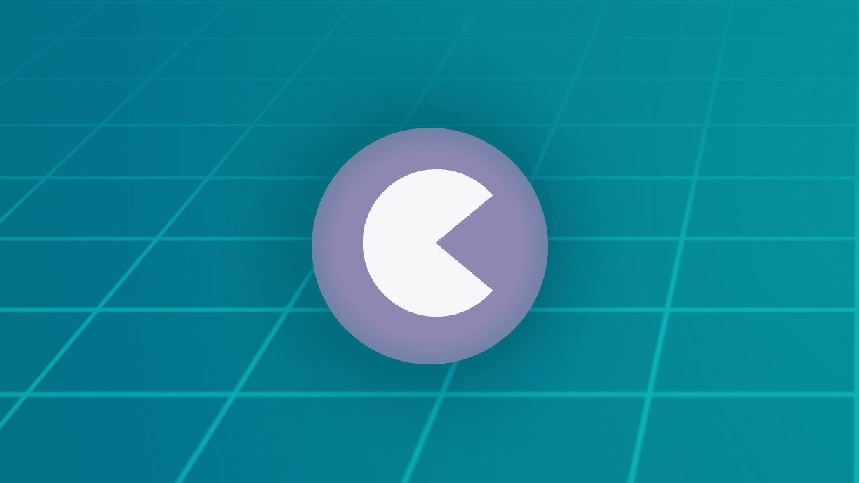 Light purple sphere icon on a dark teal grid background, with a white Pac-Man shape cutout.