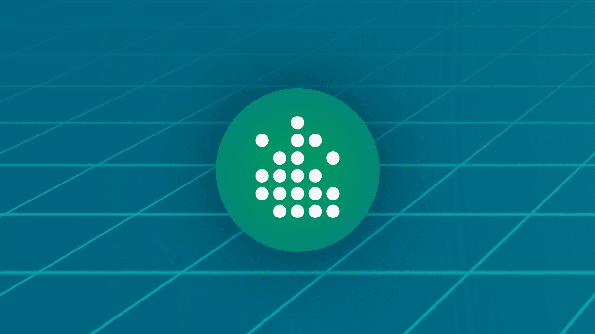 A circular teal-green icon on a dark blue-green grid background, featuring a cluster of white dots.