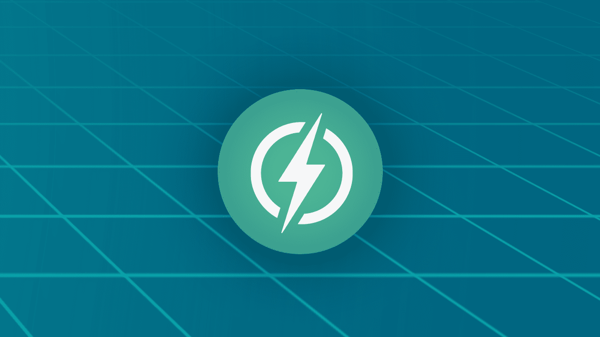 A circular light teal-green icon on a dark teal grid background, featuring a white lightning bolt symbol inside a ring, suggesting speed or execution.