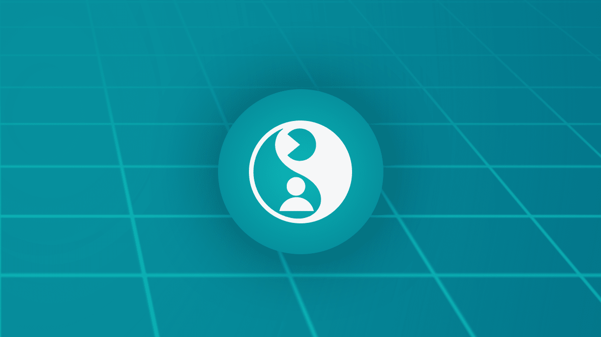 A circular teal-green icon on a dark teal grid background, featuring a white Yin and Yang symbol overlaid with a person icon, suggesting the balance of roles.