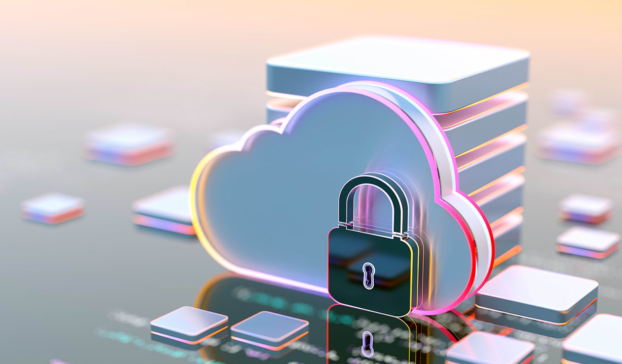 An illustration of a cloud with a padlock, representing secure cloud storage and data protection.