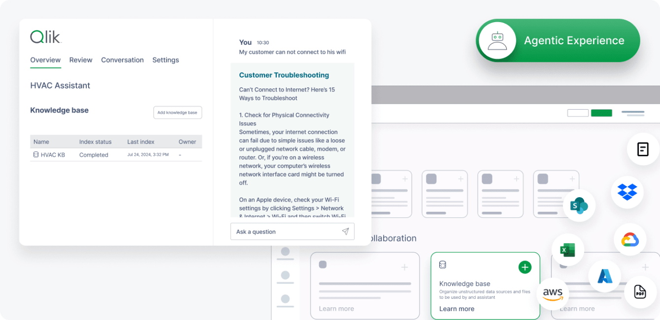 Qlik interface showing an agentic AI assistant for customer troubleshooting, connected to knowledge bases and collaboration tools.