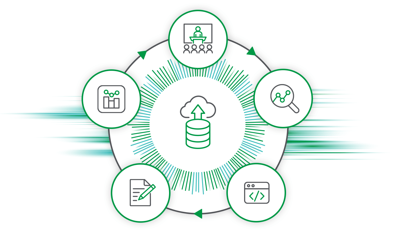 A green circle surrounded by multiple icons representing different concepts.