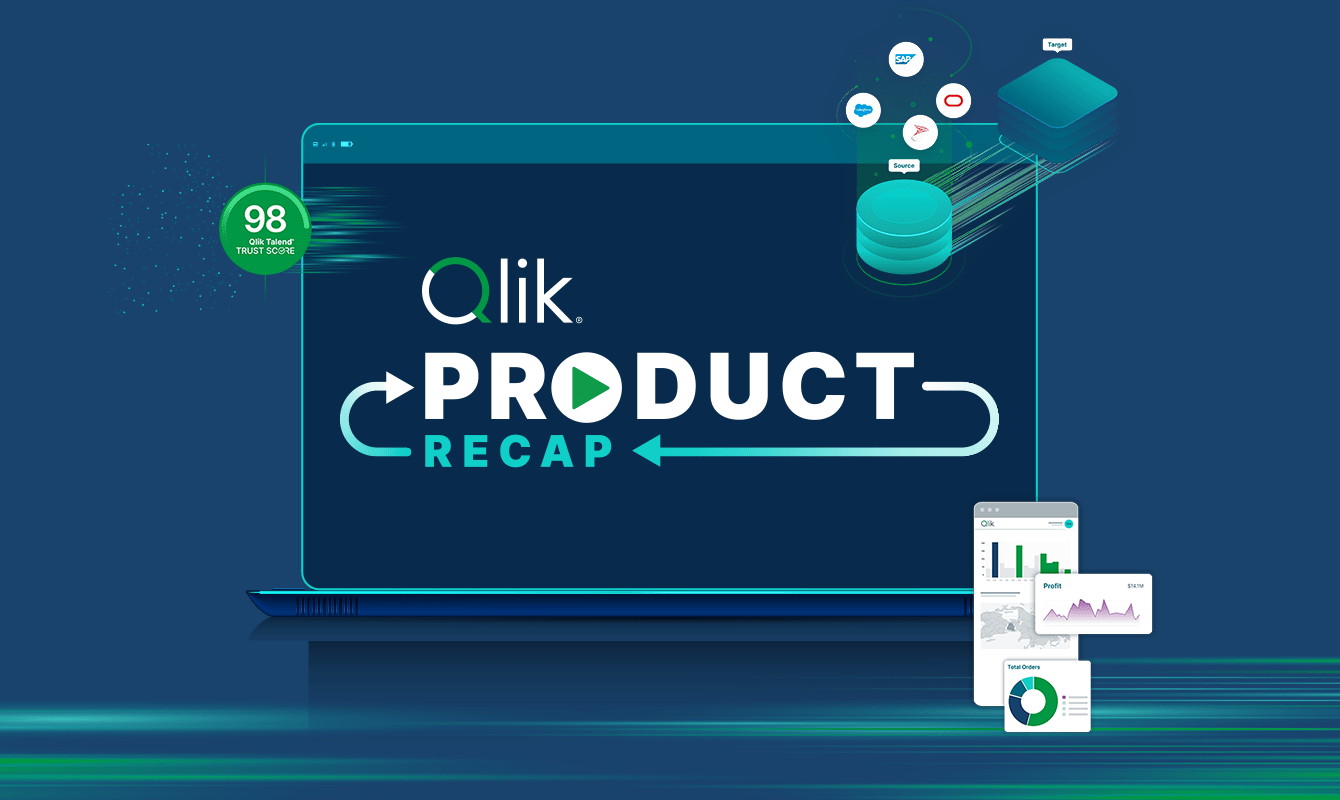 A promotional graphic with a dark green background and glow effects, centered on a laptop screen displaying the text "Qlik Product Recap" with an arrow.