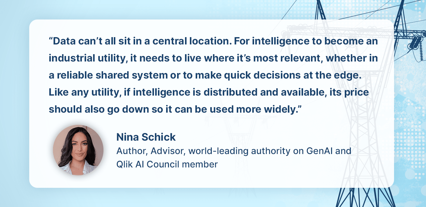 A quote card from Nina Schick, Qlik AI Council member, on a light blue and white background with power line silhouettes. The quote discusses intelligence needing to live where it is most relevant and the role of distributed, available intelligence.