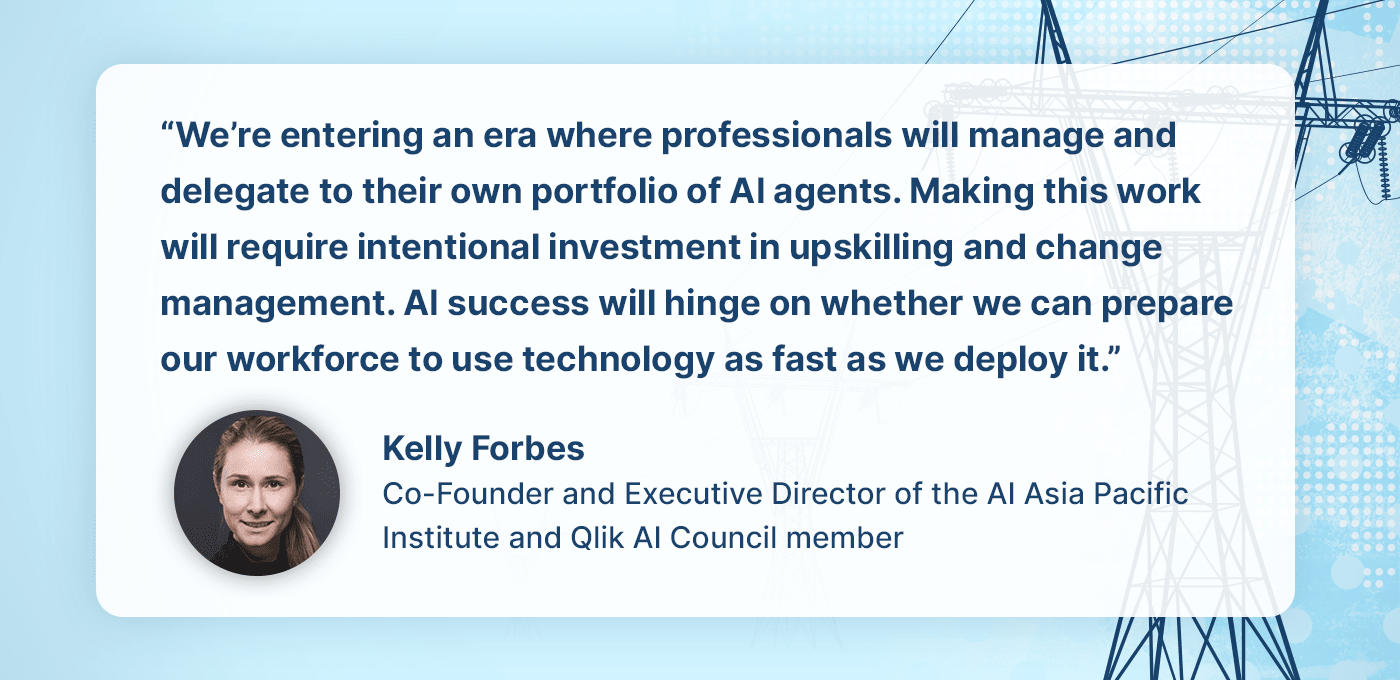 A quote card from Kelly Forbes, Qlik AI Council member, on a light blue and white background with power line silhouettes. The quote discusses professionals managing AI agents and the importance of upskilling the workforce for AI success.
