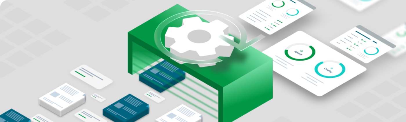 Illustration of a data processing system with a gear icon transforming incoming data into analytics dashboards and reports.