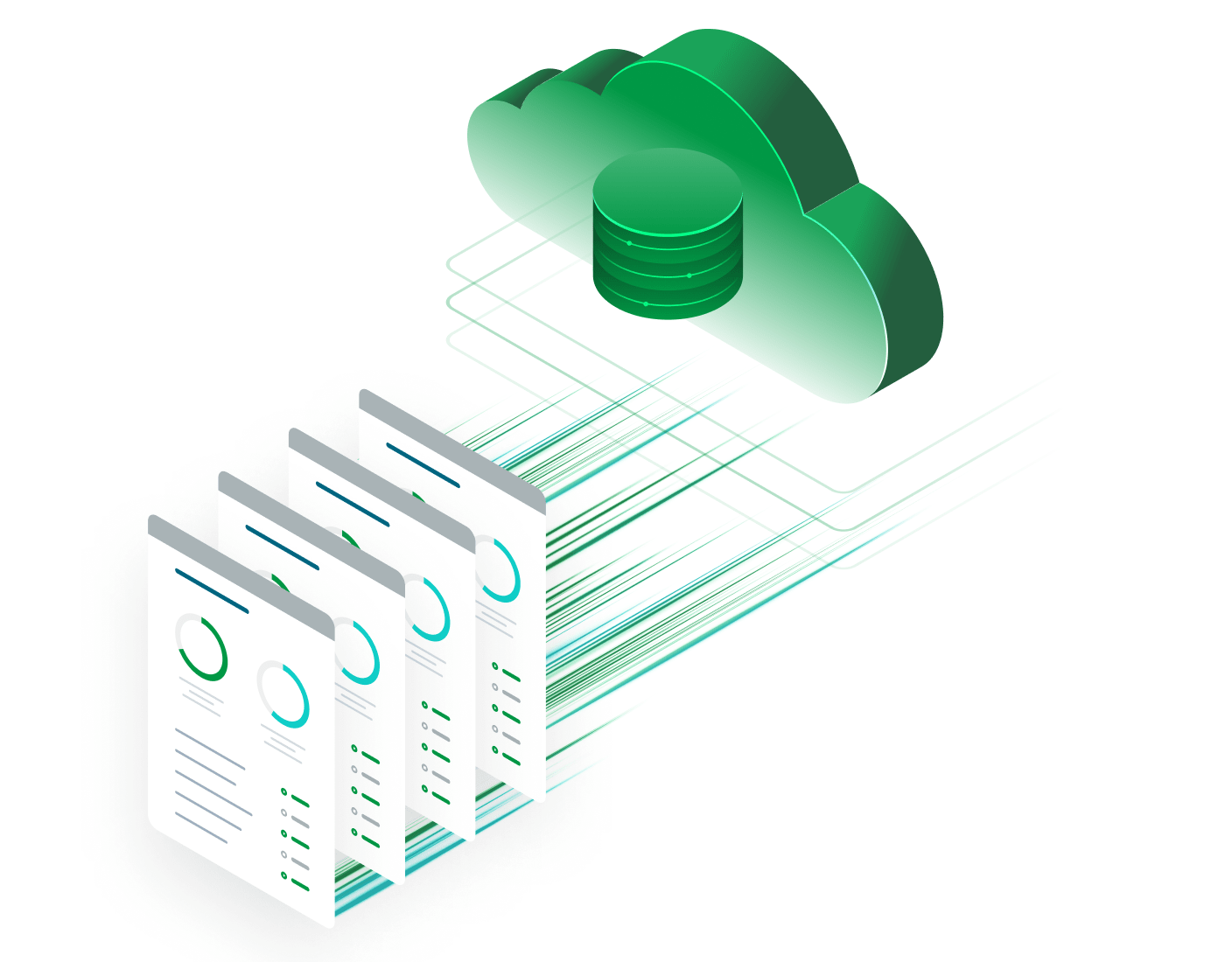Illustration showing Qlik’s real-time data analytics process — visualizing how data flows from cloud storage into interactive dashboards for instant insights and business intelligence.