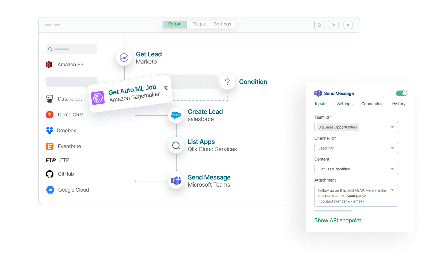 Workflow interface showing automation steps and a panel for sending alerts or messages.