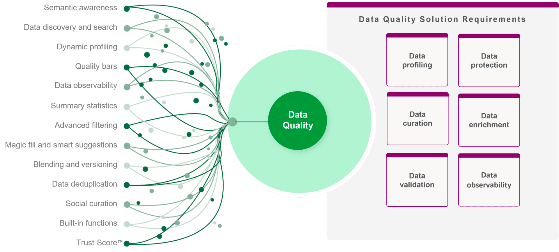 Diagram explaining data quality processes and solution requirements, featuring a central "Data Quality" node connected to various processes on the left and a list of solution requirements on the right.