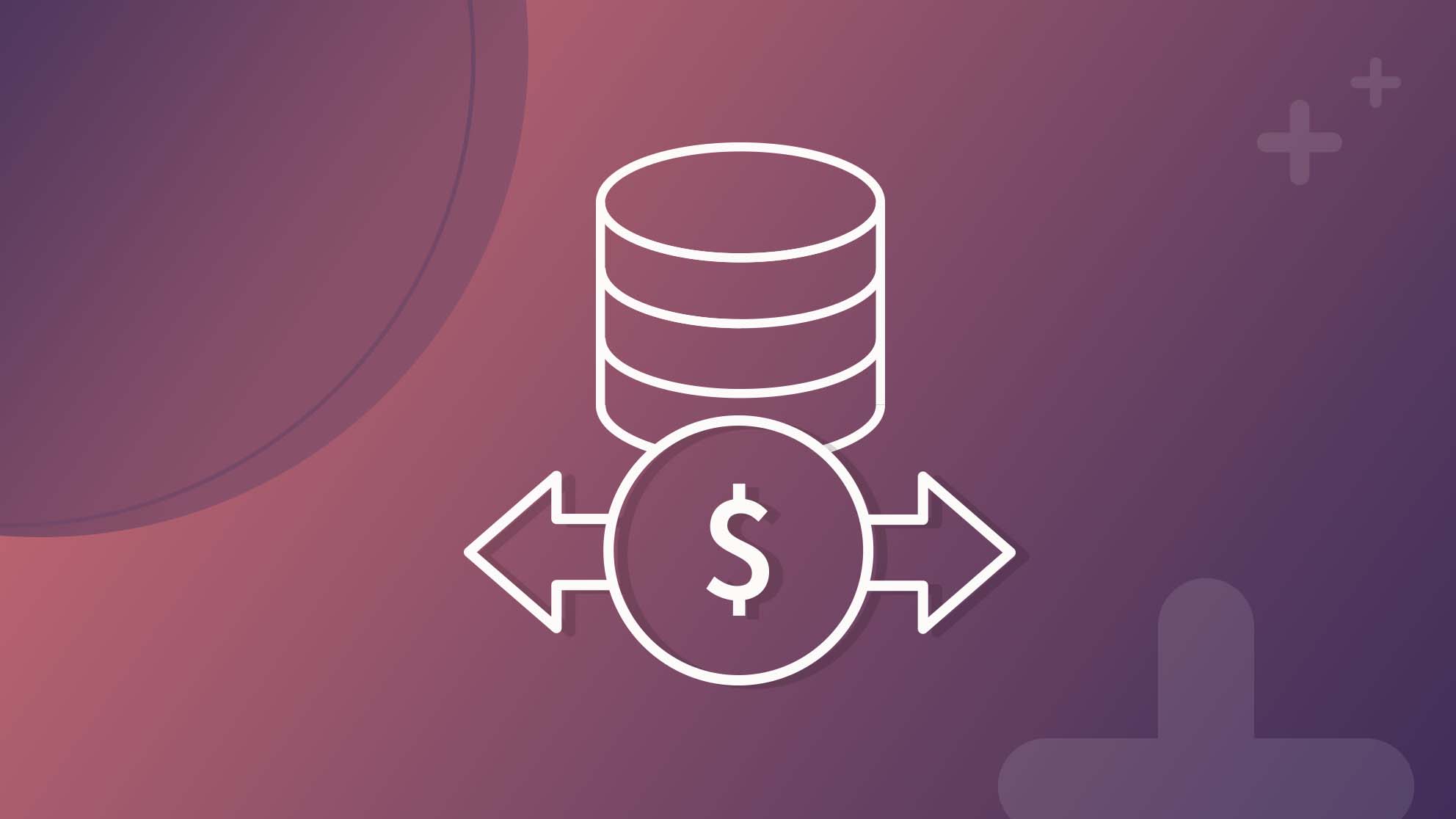 A graphic of a coin with a dollar sign and arrows pointing left and right, beneath a stack of disks, on a gradient purple background.