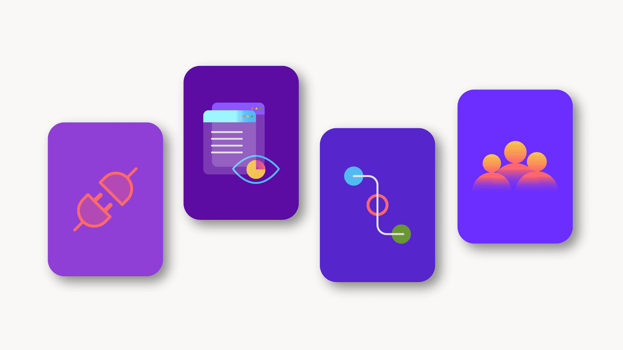 Four abstract icons on purple and blue backgrounds represent collaboration, coding, document viewing, and teamwork.