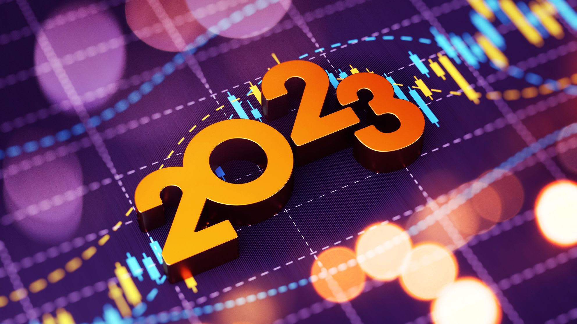 Bright orange 2023 text over a background of fluctuating financial graphs with blue and yellow lines.