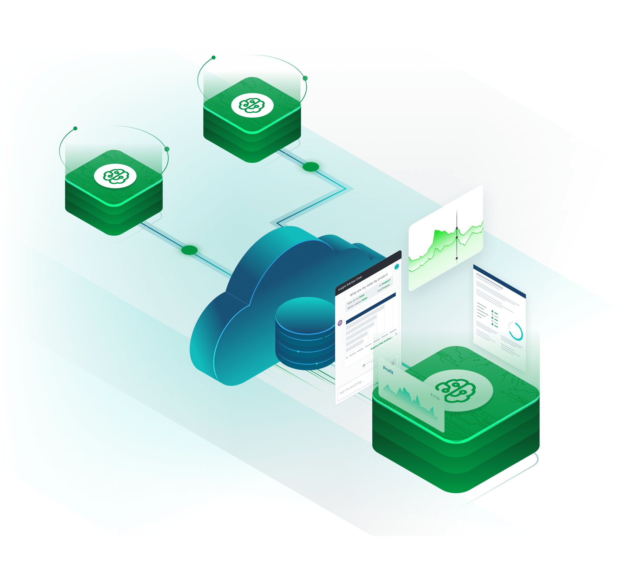 3D illustration showing connected data systems transferring analytics through a cloud platform.