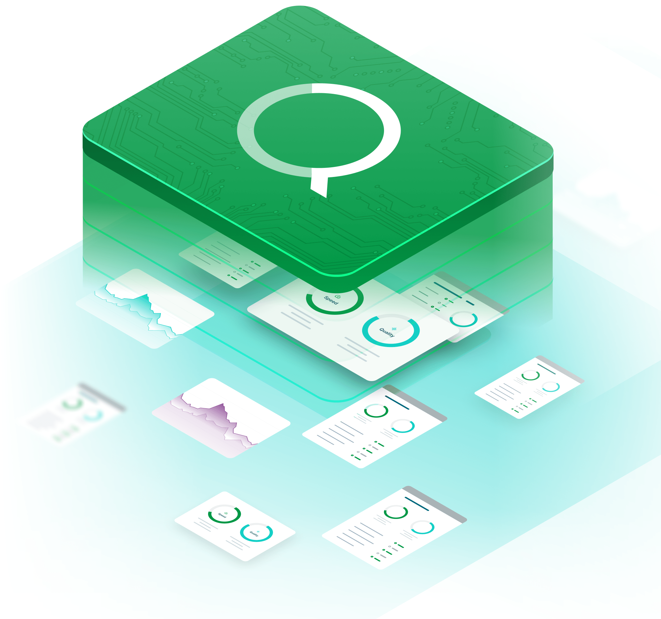 3D illustration of a green data platform block displaying multiple analytics dashboards and reports.