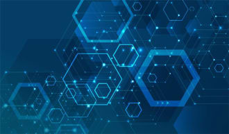 A dark blue graphic with hexagons overlapping one another in various sizes