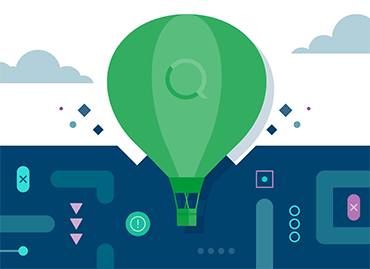 Green hot air balloon with the Qlik logo flying over various icons against a clear sky