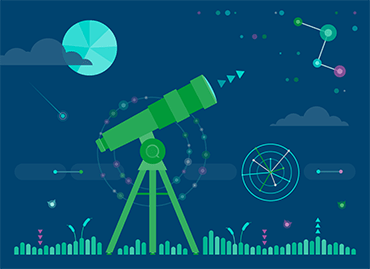 Green telescope with Qlik logo aimed at a sky filled with icons and data in a flat design style