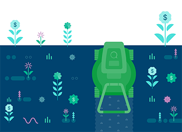A green lawn mower with Qlik logo cutting through a lawn of money flower icons