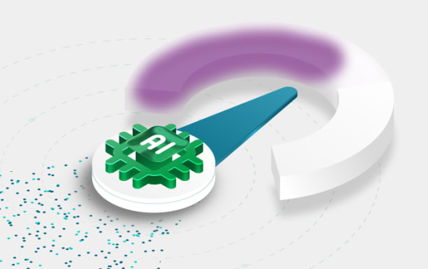 AI chip displayed as a speedometer needle sweeping forward, symbolizing accelerated performance and faster AI outcomes.