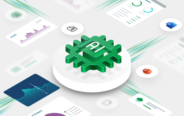 Central AI chip icon surrounded by dashboards, charts, and document cards, illustrating AI generating insights from multiple data sources.