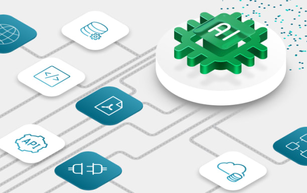 AI icon connected by lines to multiple system and API icons, showing AI integrated across data, applications, and cloud services.