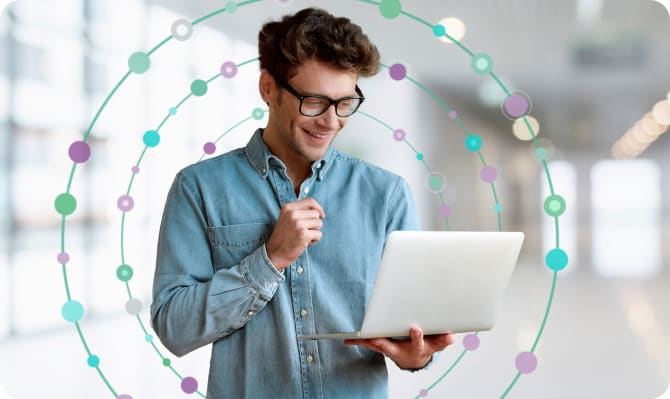  A confident man working on his laptop with abstract icons in the background 