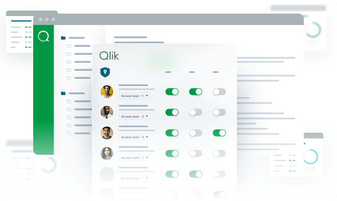 Qlik interface showing centralized user access control with adjustable permission levels and toggles for secure data governance and visibility management.