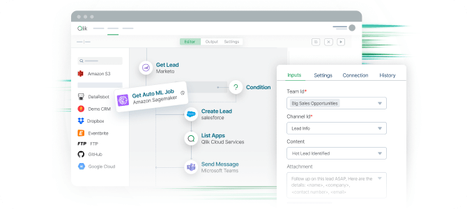 A screenshot of a low-code workflow designer. A central flow connects various service nodes like Amazon S3, Marketo, Salesforce, and Microsoft Teams, including a purple callout for "Get Auto ML Job" from Amazon Sagemaker.