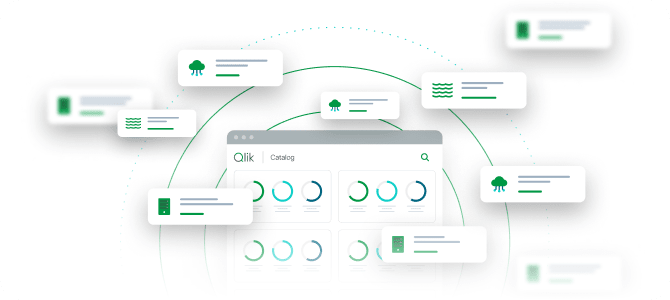 Graphic of a Qlik data catalog and dashboard featuring green and blue charts and cards.