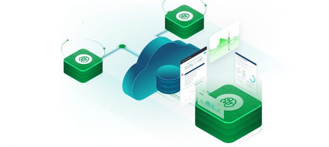 Digital illustration depicting cloud computing and data management, highlighting interconnected servers, data analysis, and cloud storage with green and blue elements.