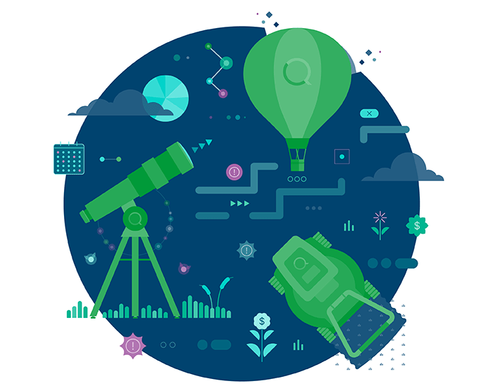 Green balloon, telescope, hot air balloon, and lawn mower with Qlik logos on a blue circular background.