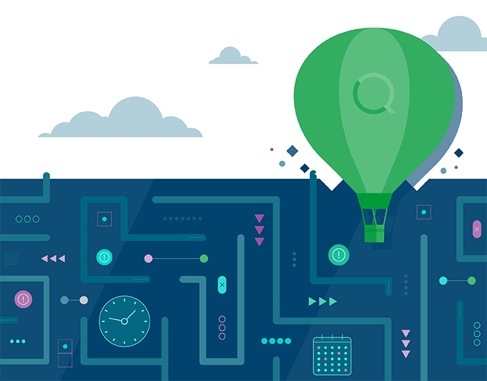 Green hot air balloon with the Qlik logo flying over various icons against a clear sky